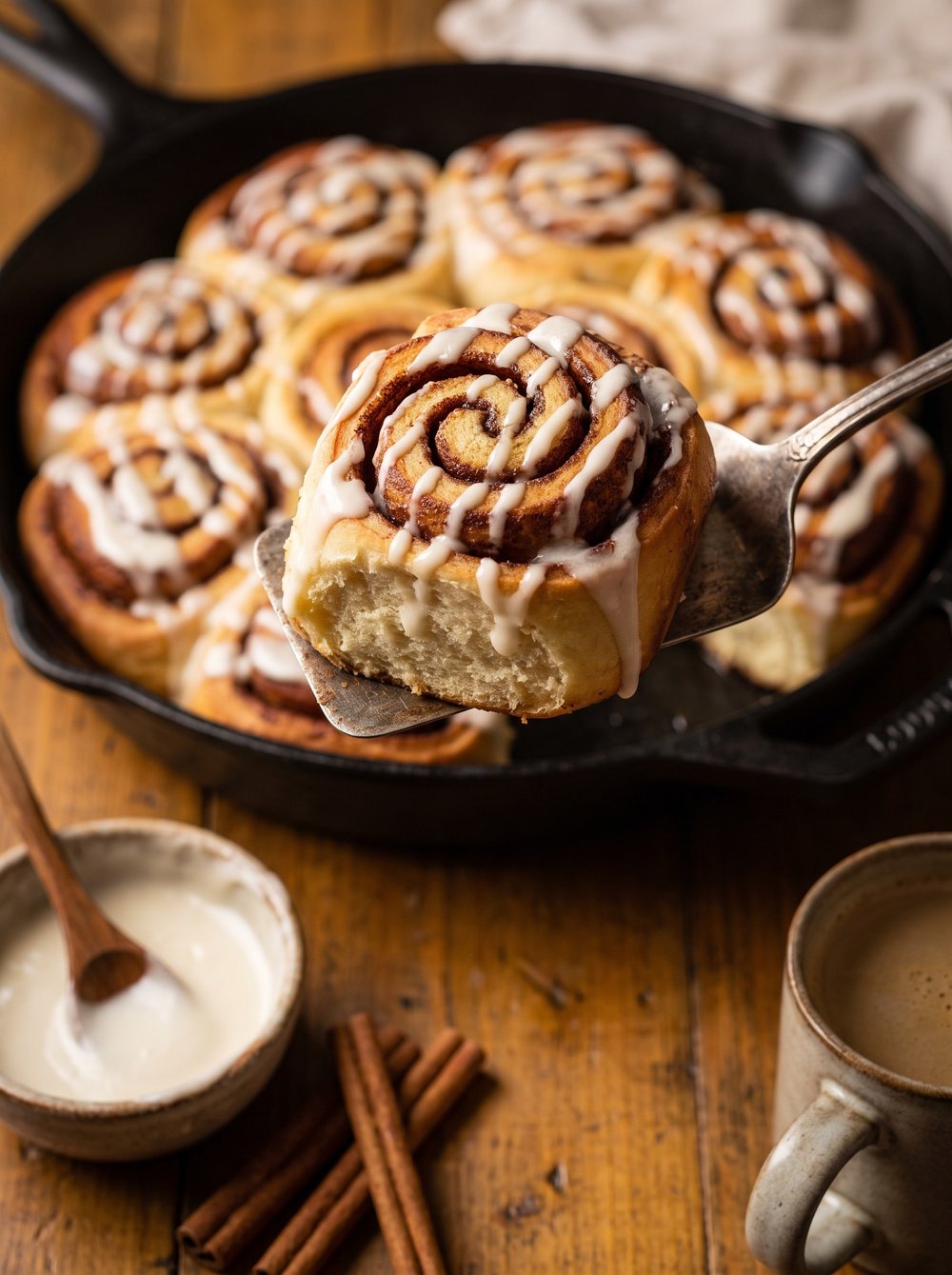 A pan of cinnamon rolls with cream cheese icing